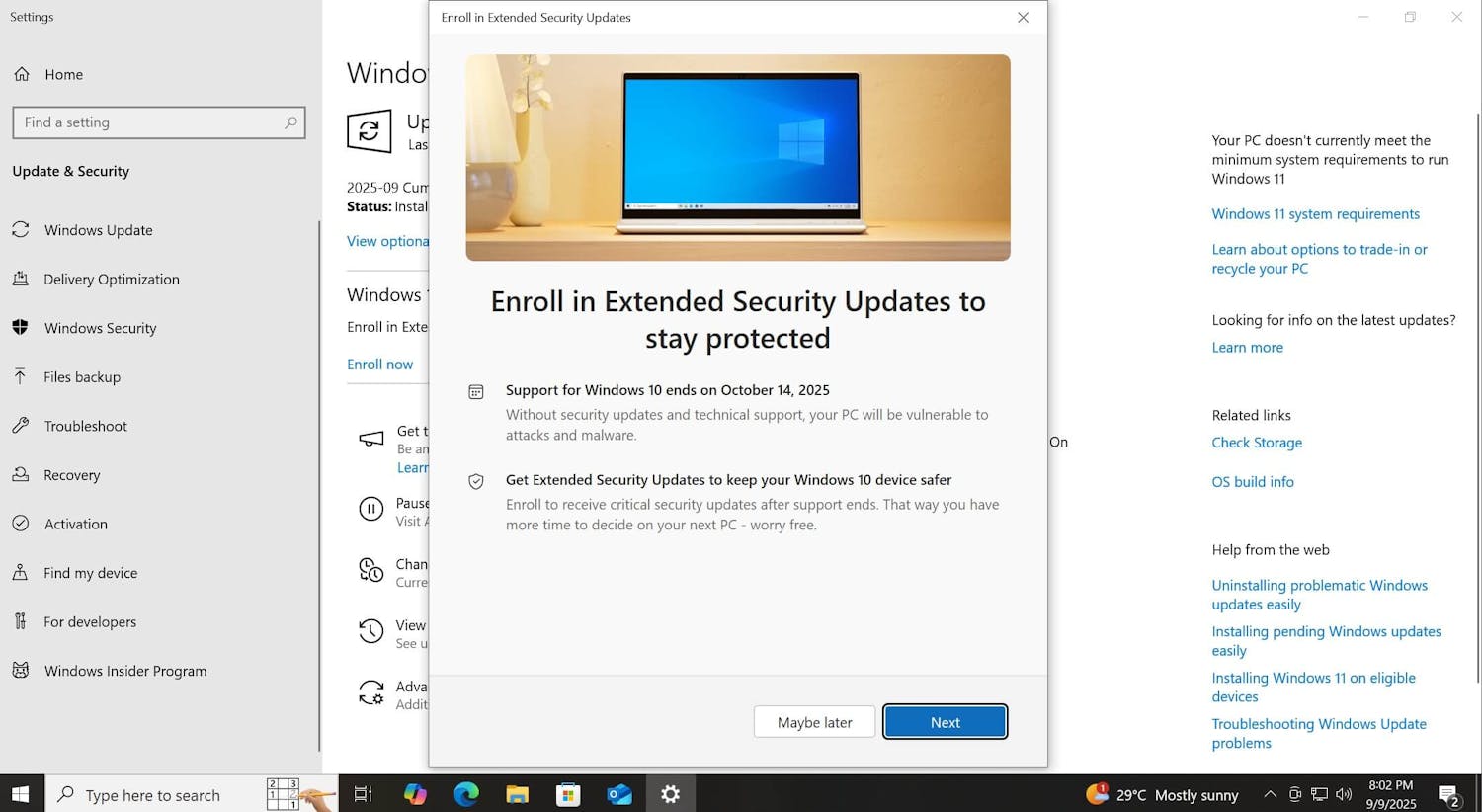 På et tidspunkt før 14. oktober vil Windows Update i pc-innstillingene gi deg muligheten til å bli med i ESU-programmet, som gjør at du kan fortsette å motta sikkerhetsoppdateringer for Windows 10 frem til oktober 2026. På et tidspunkt før 14. oktober vil Windows Update i pc-innstillingene gi deg muligheten til å bli med i ESU-programmet, som gjør at du kan fortsette å motta sikkerhetsoppdateringer for Windows 10 frem til oktober 2026.